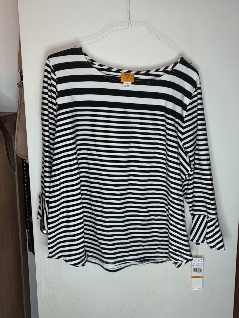 Ruby Rd. Black and White Striped Long Sleeve Boatneck Top